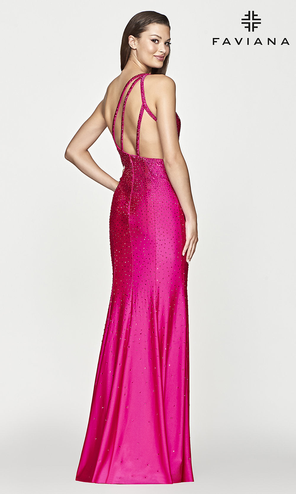 Faviana-Faviana Beaded One-Shoulder Long Pink Prom Dress